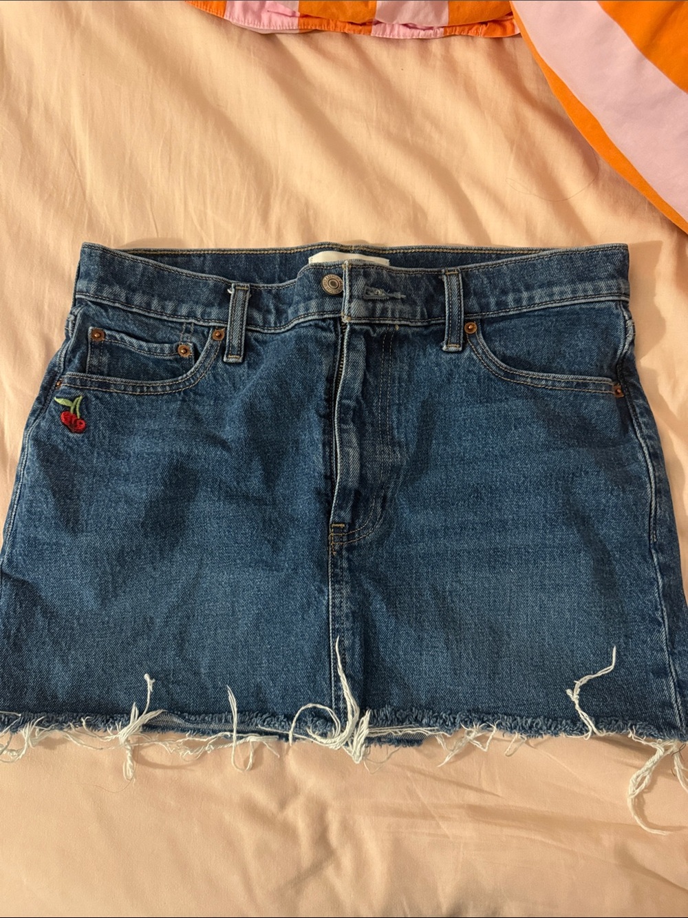 Abercrombie & Fitch Classic Blue Denim Mini Skirt with Cherry Embroidery